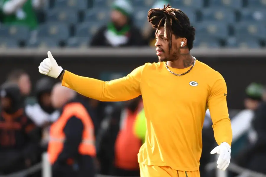 Jan 12, 2025; Philadelphia, Pennsylvania, USA; Green Bay Packers safety Xavier McKinney (29) during warmups against the Philadelphia Eagles in an NFC wild card game at Lincoln Financial Field. Mandatory Credit: Eric Hartline-Imagn Images