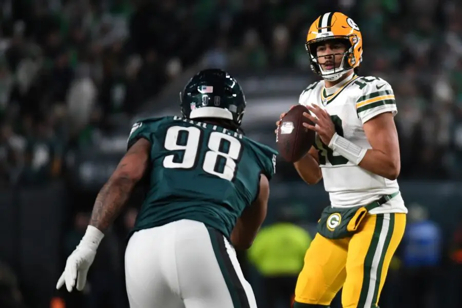 Jan 12, 2025; Philadelphia, Pennsylvania, USA; Green Bay Packers quarterback Jordan Love (10) drops back to pass against the Philadelphia Eagles during the first half in an NFC wild card game at Lincoln Financial Field. Mandatory Credit: Eric Hartline-Imagn Images