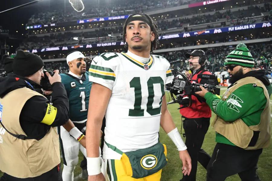 Jan 12, 2025; Philadelphia, Pennsylvania, USA; Green Bay Packers quarterback Jordan Love (10) reacts after the game against the Philadelphia Eagles in an NFC wild card game at Lincoln Financial Field. Mandatory Credit: Eric Hartline-Imagn Images