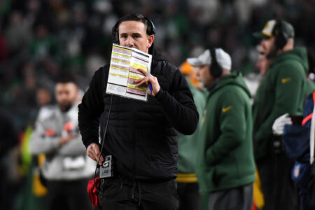 Jan 12, 2025; Philadelphia, Pennsylvania, USA; Green Bay Packers head coach Matt LeFleur reacts during the second half in an NFC wild card game at Lincoln Financial Field. Mandatory Credit: Eric Hartline-Imagn Images