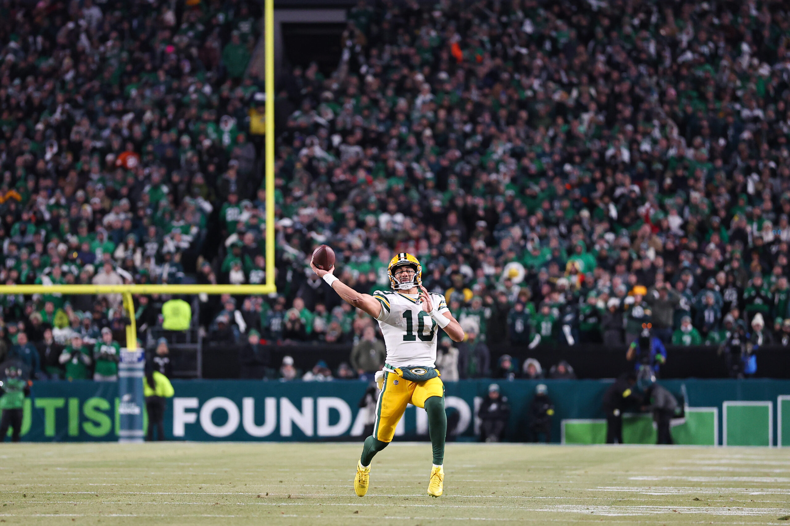 Jan 12, 2025; Philadelphia, Pennsylvania, USA; Green Bay Packers quarterback Jordan Love (10) passes the ball against the Philadelphia Eagles in an NFC wild card game at Lincoln Financial Field. Mandatory Credit: Bill Streicher-Imagn Images