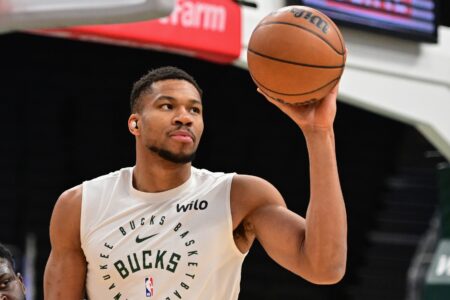 Jan 14, 2025; Milwaukee, Wisconsin, USA; Milwaukee Bucks forward Giannis Antetokounmpo (34) warms up before game against the Sacramento Kings at Fiserv Forum. Mandatory Credit: Benny Sieu-Imagn Images