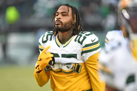 Jan 12, 2025; Philadelphia, Pennsylvania, USA; Green Bay Packers cornerback Keisean Nixon (25) before game against the Philadelphia Eagles in an NFC wild card game at Lincoln Financial Field. Mandatory Credit: Eric Hartline-Imagn Images