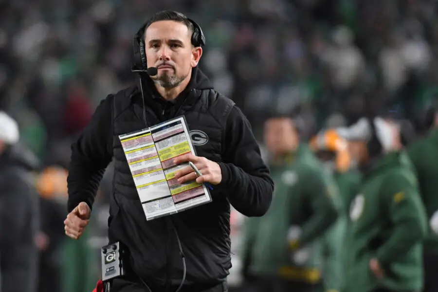 Jan 12, 2025; Philadelphia, Pennsylvania, USA; Green Bay Packers head coach Matt LaFleur against the Philadelphia Eagles in an NFC wild card game at Lincoln Financial Field. Mandatory Credit: Eric Hartline-Imagn Images