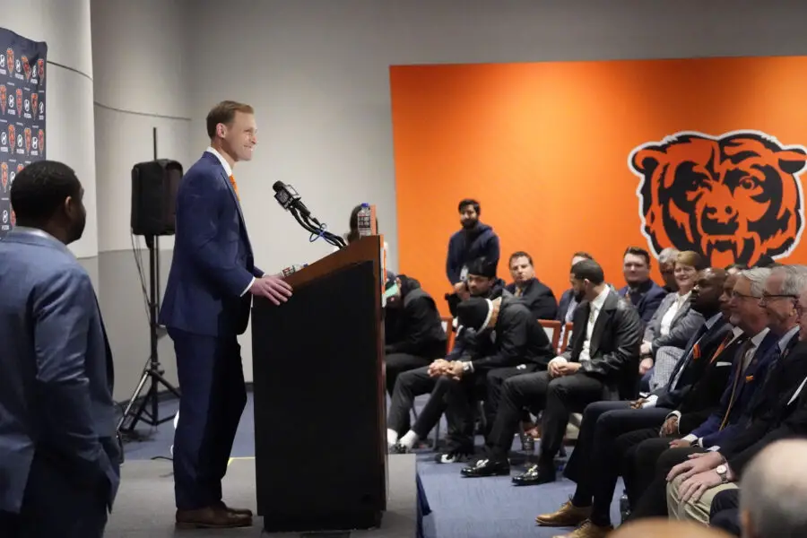 Jan 22, 2025; Lake Forest, IL, USA; Chicago Bears head coach Ben Johnson answers questions during a introductory press conference at PNC Center. Mandatory Credit: David Banks-Imagn Images