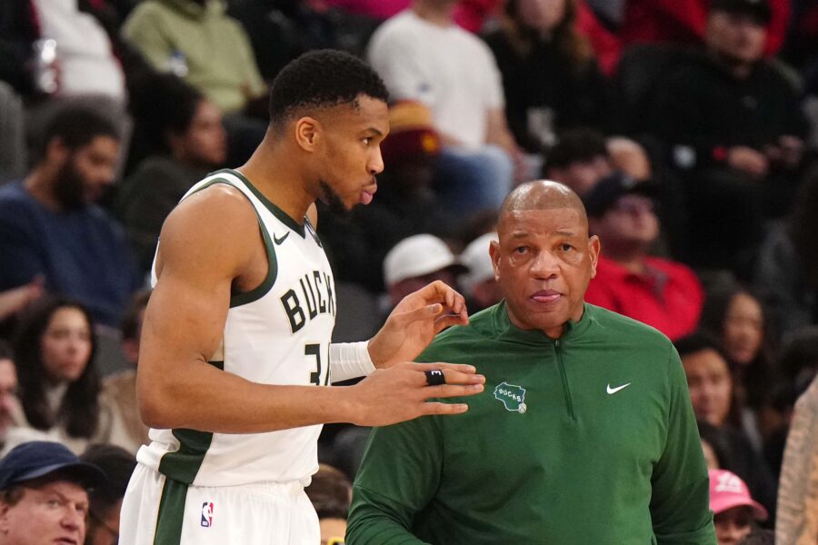 Milwaukee Bucks forward Giannis Antetokounmpo (34) and coach Doc Rivers react