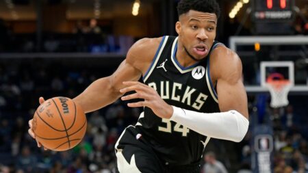 Milwaukee Bucks forward Giannis Antetokounmpo controls the ball in the first half of an NBA basketball game against the Memphis Grizzlies, Thursday, Feb. 15th, 2024, in Memphis, TENN. (AP photo? Brandon Dill)