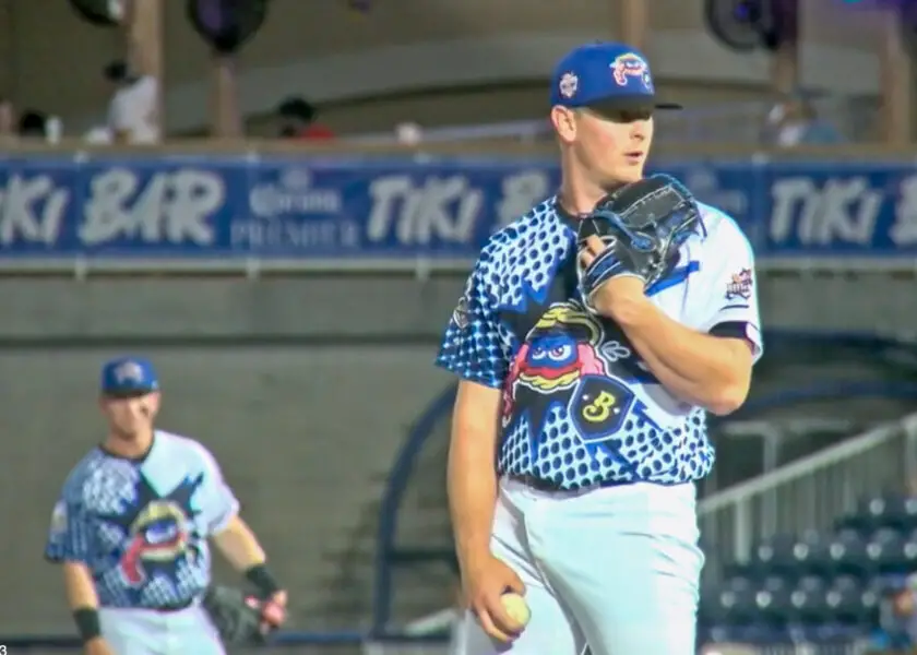 Craig Yoho of the Brewers pitches against the Pensacola Blue Wahoos in a Minor League game 20024