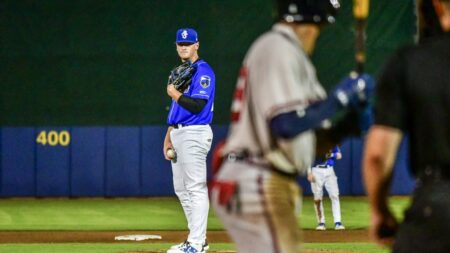 Craig Yoho pitching for the Biloxi Shuckers during a game last year.