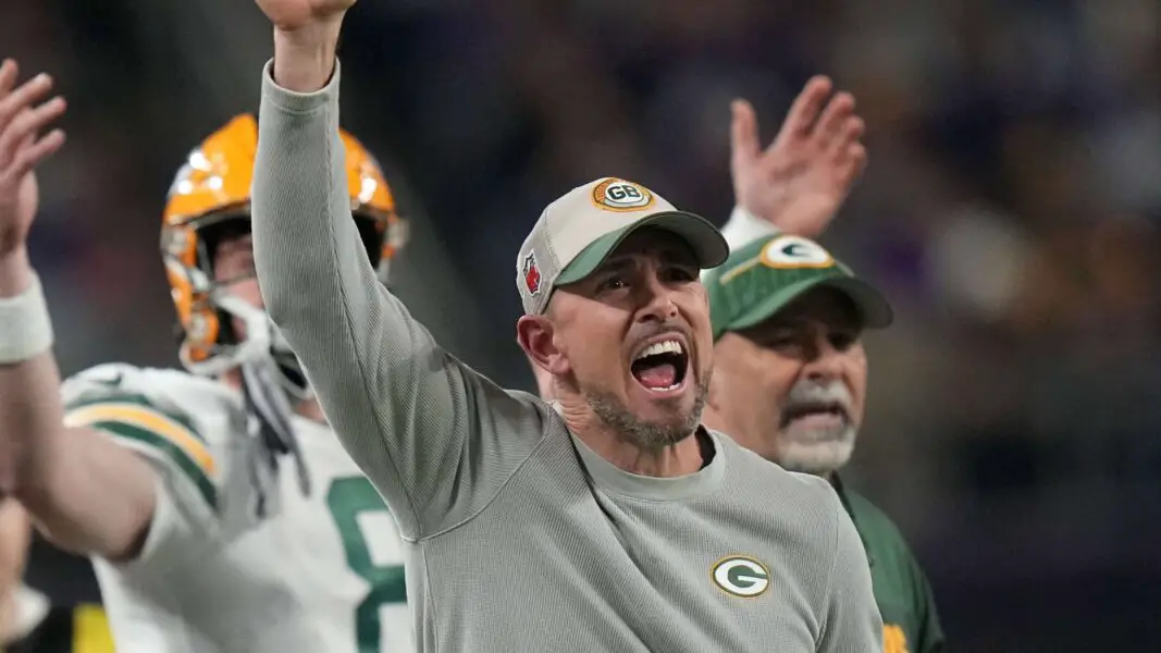 Dec 31, 2023; Minneapolis, Minnesota, USA; Green Bay Packers head coach Matt LaFleur unsuccessfully lobbied for a penalty on the Minnesota Vikings during the second quarter of their game at U.S. Bank Stadium. Mandatory Credit: Mark Hoffman-Imagn Images