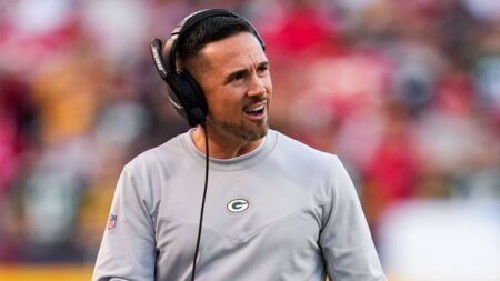 Nov 7, 2021; Kansas City, Missouri, USA; Green Bay Packers head coach Matt LaFleur reacts during the first half against the Kansas City Chiefs at GEHA Field at Arrowhead Stadium. Mandatory Credit: Jay Biggerstaff-Imagn Images