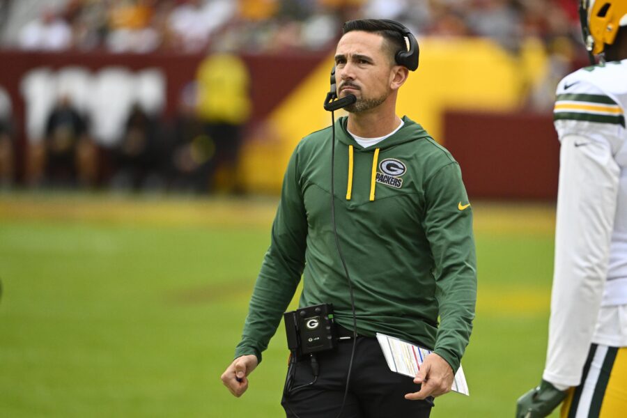 Oct 23, 2022; Landover, Maryland, USA; Green Bay Packers head coach Matt LaFleur looks on against the Washington Commanders during the second half at FedExField. Mandatory Credit: Brad Mills-Imagn Images