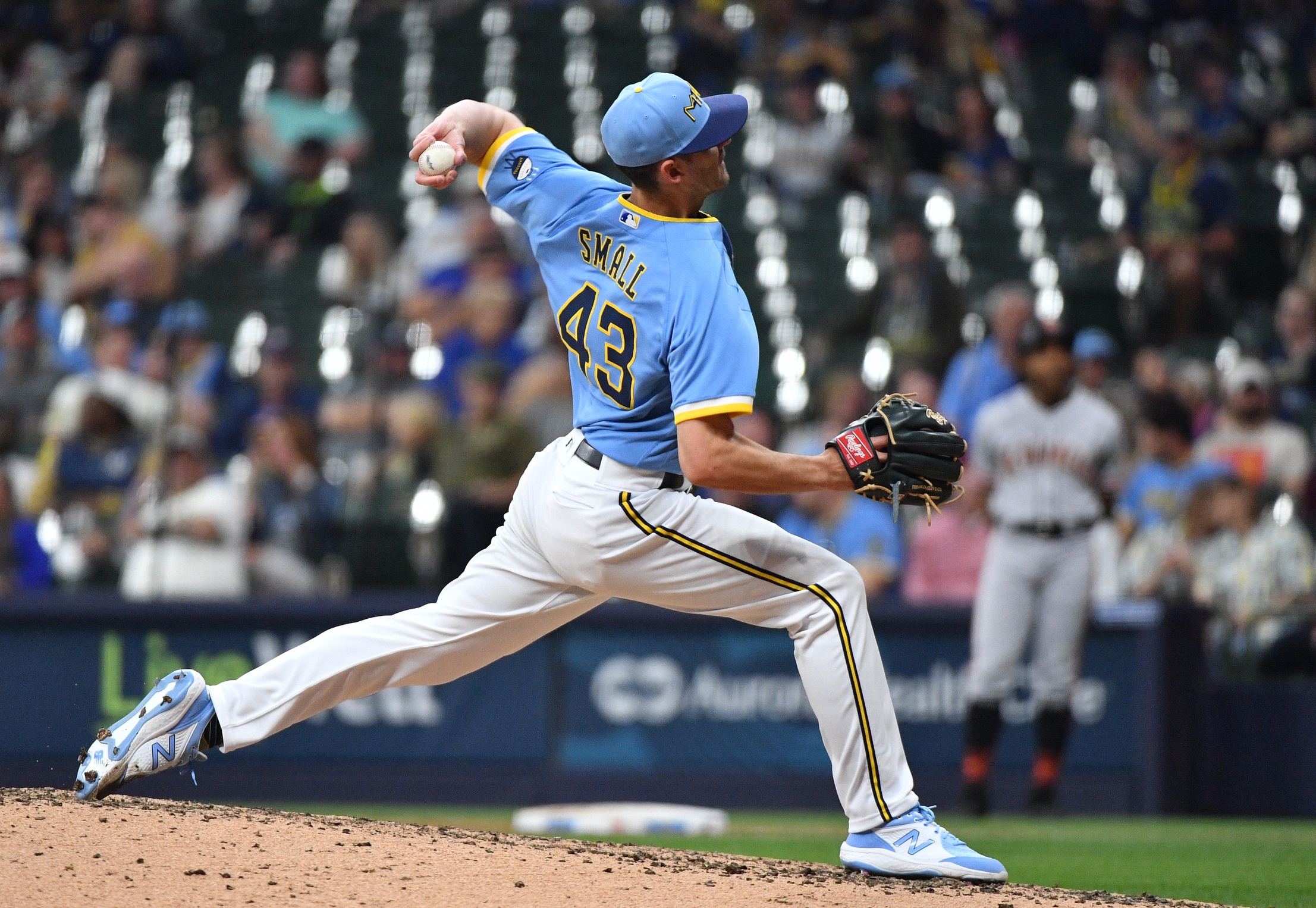 May 26, 2023; Milwaukee, Wisconsin, USA; Milwaukee Brewers relief pitcher Ethan Small (43) delivers a pitch against the San Francisco Giants in the sixth inning at American Family Field. Mandatory Credit: Michael McLoone-Imagn Images