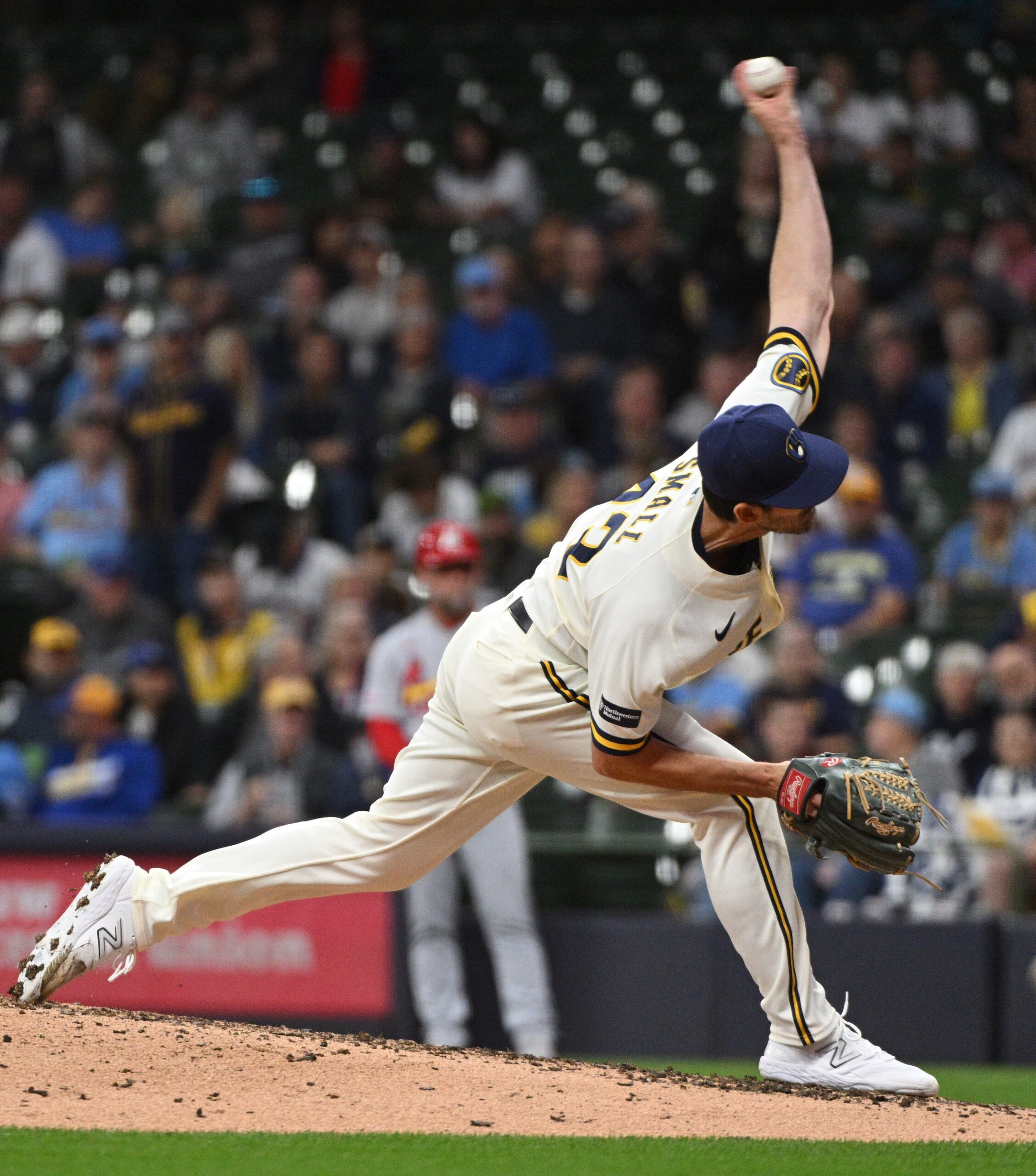 Sep 28, 2023; Milwaukee, Wisconsin, USA; Milwaukee Brewers relief pitcher Ethan Small (43) delivers a pitch against the St. Louis Cardinals in the ninth inning at American Family Field. Mandatory Credit: Michael McLoone-Imagn Images