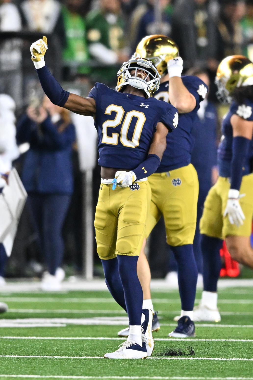 Oct 14, 2023; South Bend, Indiana, USA; Notre Dame Fighting Irish cornerback Benjamin Morrison (20) celebrates after an interception in the second quarter against the USC Trojans at Notre Dame Stadium. Mandatory Credit: Matt Cashore-Imagn Images Packers