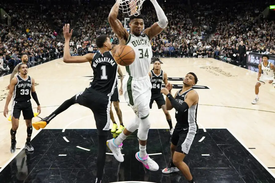 Jan 4, 2024; San Antonio, Texas, USA; Milwaukee Bucks forward Giannis Antetokounmpo (34) dunks over San Antonio Spurs forward Victor Wembanyama (1) during the first half at Frost Bank Center. Mandatory Credit: Scott Wachter-USA TODAY Sports