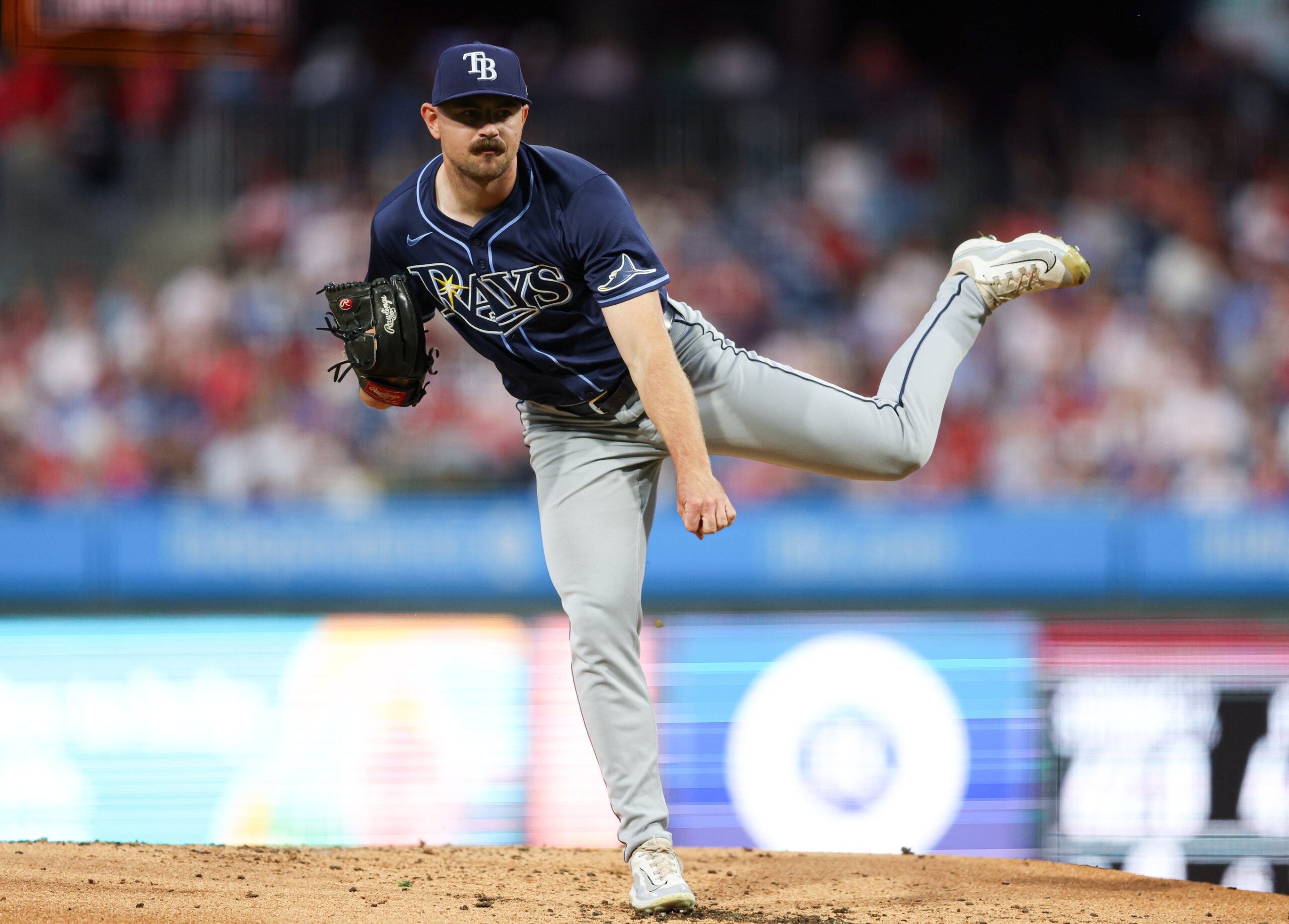 Sep 9, 2024; Philadelphia, Pennsylvania, USA; Tampa Bay Rays pitcher Tyler Alexander (14) throws a pitch during the second inning against the Philadelphia Phillies at Citizens Bank Park. Mandatory Credit: Bill Streicher-Imagn ImagesBrewers