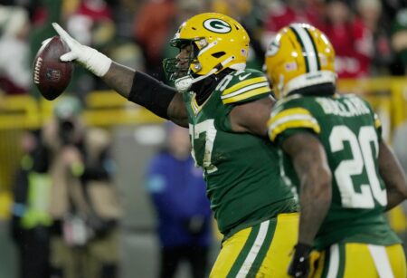 Green Bay Packers defensive tackle Kenny Clark (97) celebrates