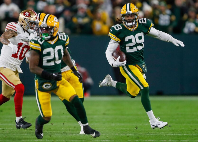 Green Bay Packers safety Xavier McKinney (29) returns an interception against the San Francisco 49ers on Sunday, Nov. 24, 2024, at Lambeau Field in Green Bay, Wis. It was McKinney's seventh interception of the season. The Packers won the game, 38-10. McKinney earned Pro Bowl honors for the first time in his career. © Tork Mason / USA TODAY NETWORK-Wisconsin / USA TODAY NETWORK via Imagn Images