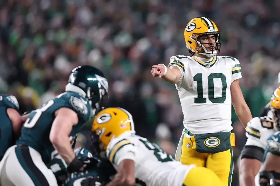 Jan 12, 2025; Philadelphia, Pennsylvania, USA; Green Bay Packers quarterback Jordan Love (10) reacts against the Philadelphia Eagles during the first half in an NFC wild card game at Lincoln Financial Field. Mandatory Credit: Bill Streicher-Imagn Images