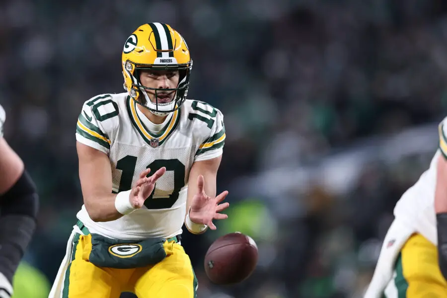 Jan 12, 2025; Philadelphia, Pennsylvania, USA; Green Bay Packers quarterback Jordan Love (10) drops back to pass against the Philadelphia Eagles during the third quarter in an NFC wild card game at Lincoln Financial Field. Mandatory Credit: Bill Streicher-Imagn Images