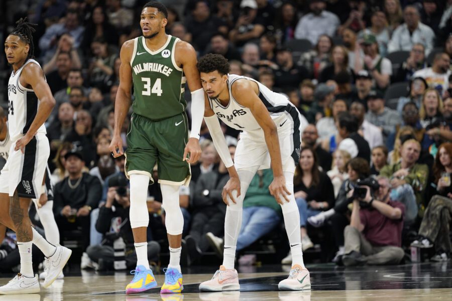 "Our offense was really clean and sharp tonight": Mitch Johnson praises the Spurs in offensive masterclass over the Bucks 2 Jan 31, 2025; San Antonio, Texas, USA; Milwaukee Bucks forward Giannis Antetokounmpo (34) and San Antonio Spurs center Victor Wembanyama (1) during the first half at Frost Bank Center. Mandatory Credit: Scott Wachter-Imagn Images