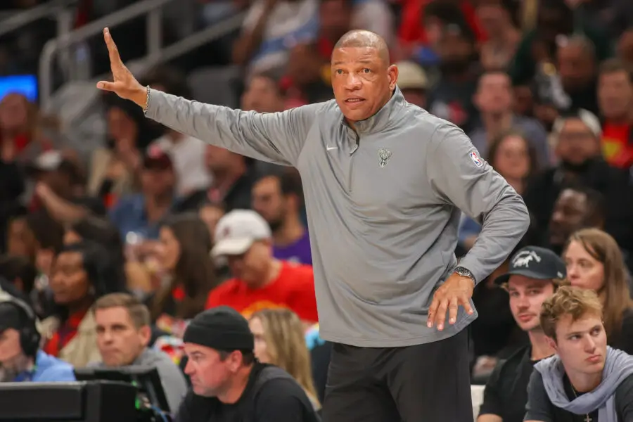 Feb 7, 2025; Atlanta, Georgia, USA; Milwaukee Bucks head coach Doc Rivers on the sideline against the Atlanta Hawks in the fourth quarter at State Farm Arena. Mandatory Credit: Brett Davis-Imagn Images