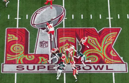 Feb 9, 2025; New Orleans, LA, USA; Kansas City Chiefs quarterback Patrick Mahomes (15) is pressured by Philadelphia Eagles linebacker Josh Sweat (19) in the second quarter during Super Bowl LIX at Caesars Superdome. Mandatory Credit: James Lang-Imagn Images