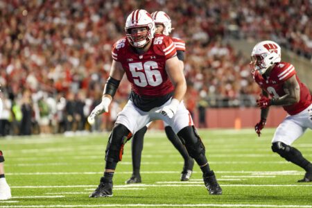 Former Badgers’ four-star starting guard transfers to B1G rival Indiana Wisconsin Badgers offensive linenam Joe Brunner (56) during the game