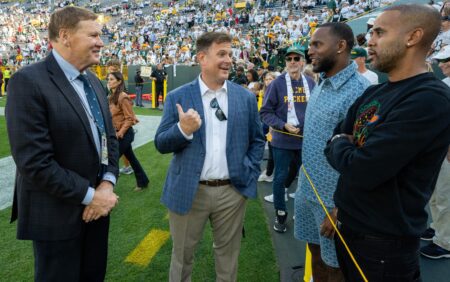 Green Bay Packers president Mark Murphy, left, and general manger Brian Gutekunst, middle, are shown before their game
