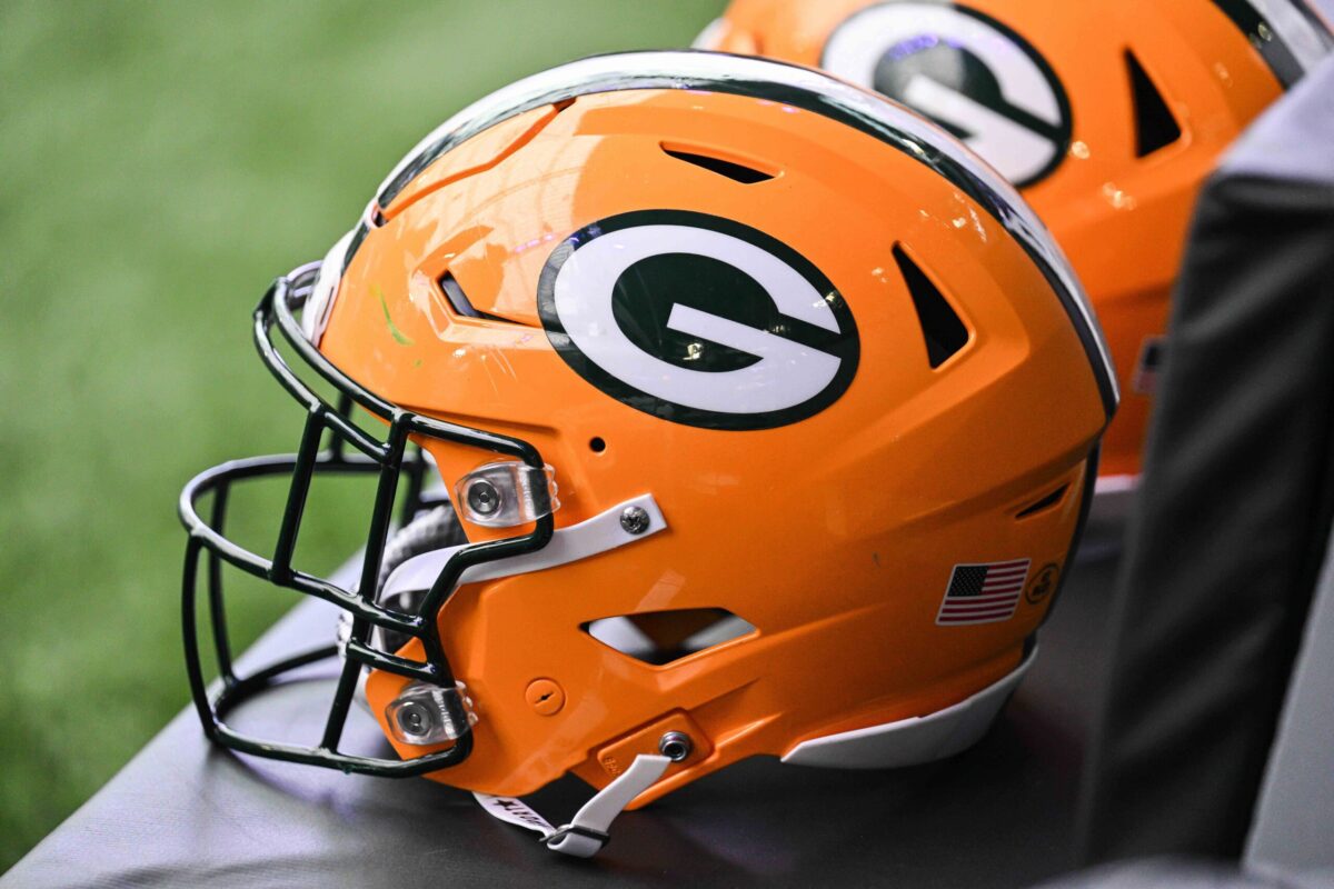 Dec 29, 2024; Minneapolis, Minnesota, USA; A Green Bay Packers helmet sits ready before the game against the Minnesota Vikings at U.S. Bank Stadium. Mandatory Credit: Jeffrey Becker-Imagn Images