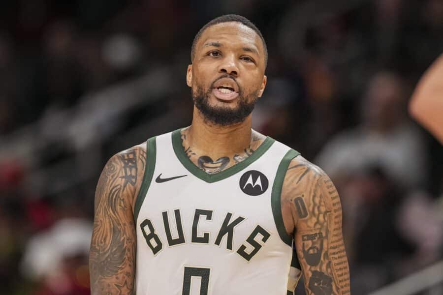 Milwaukee Bucks guard Damian Lillard (0) shown with his eye swollen