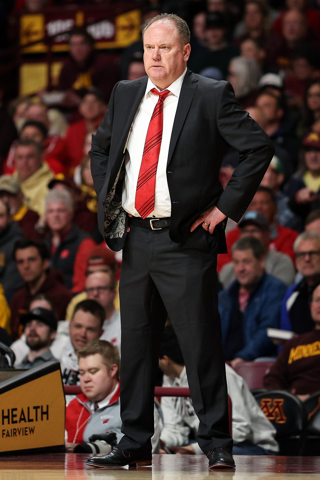Mar 5, 2025; Minneapolis, Minnesota, USA; Wisconsin Badgers head coach Greg Gard looks on during the first half against the Minnesota Golden Gophers at Williams Arena. Mandatory Credit: Matt Krohn-Imagn Images