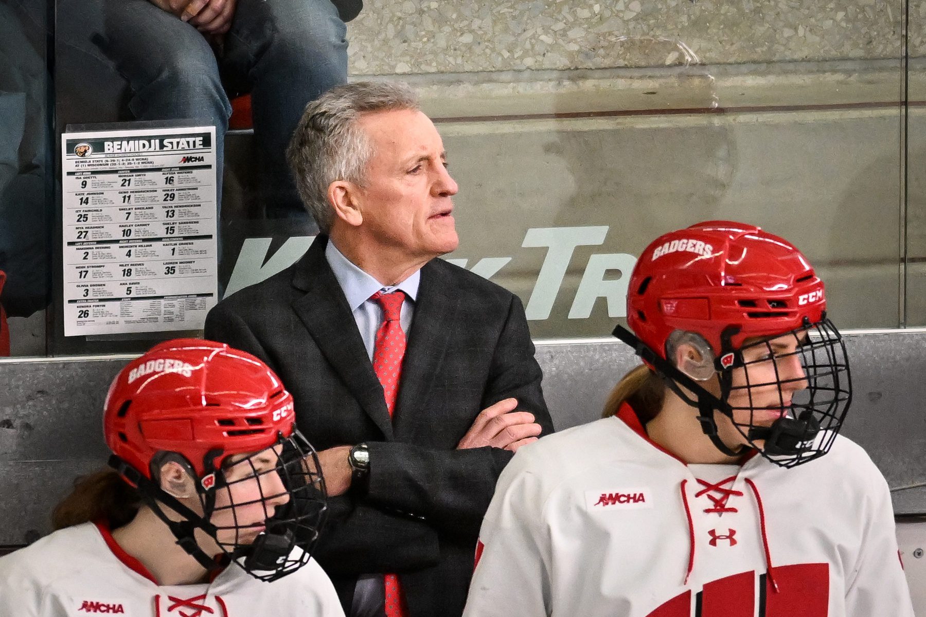 Watch: Badgers Fans Go Insane When National Championship Is Won In Overtime 3 Wisconsin Badgers head coach Mike Johnson and players watch the action in the second period of a WCHA first-round game against the Bemidji State Beavers on Saturday, March 1, 2025, at LaBahn Arena in Madison, Wisconsin. © Dave Kallmann / Milwaukee Journal Sentinel / USA TODAY NETWORK via Imagn Images