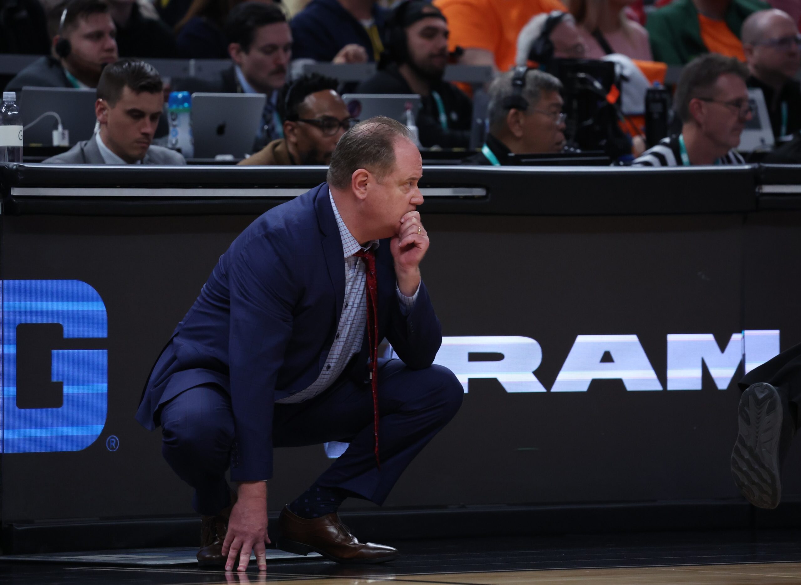 Mar 16, 2025; Indianapolis, IN, USA; Wisconsin Badgers head coach Greg Gard watches play downcourt during the second half against the Michigan Wolverines during the 2025 Big Ten Championship Game at Gainbridge Fieldhouse. Mandatory Credit: Trevor Ruszkowski-Imagn Images