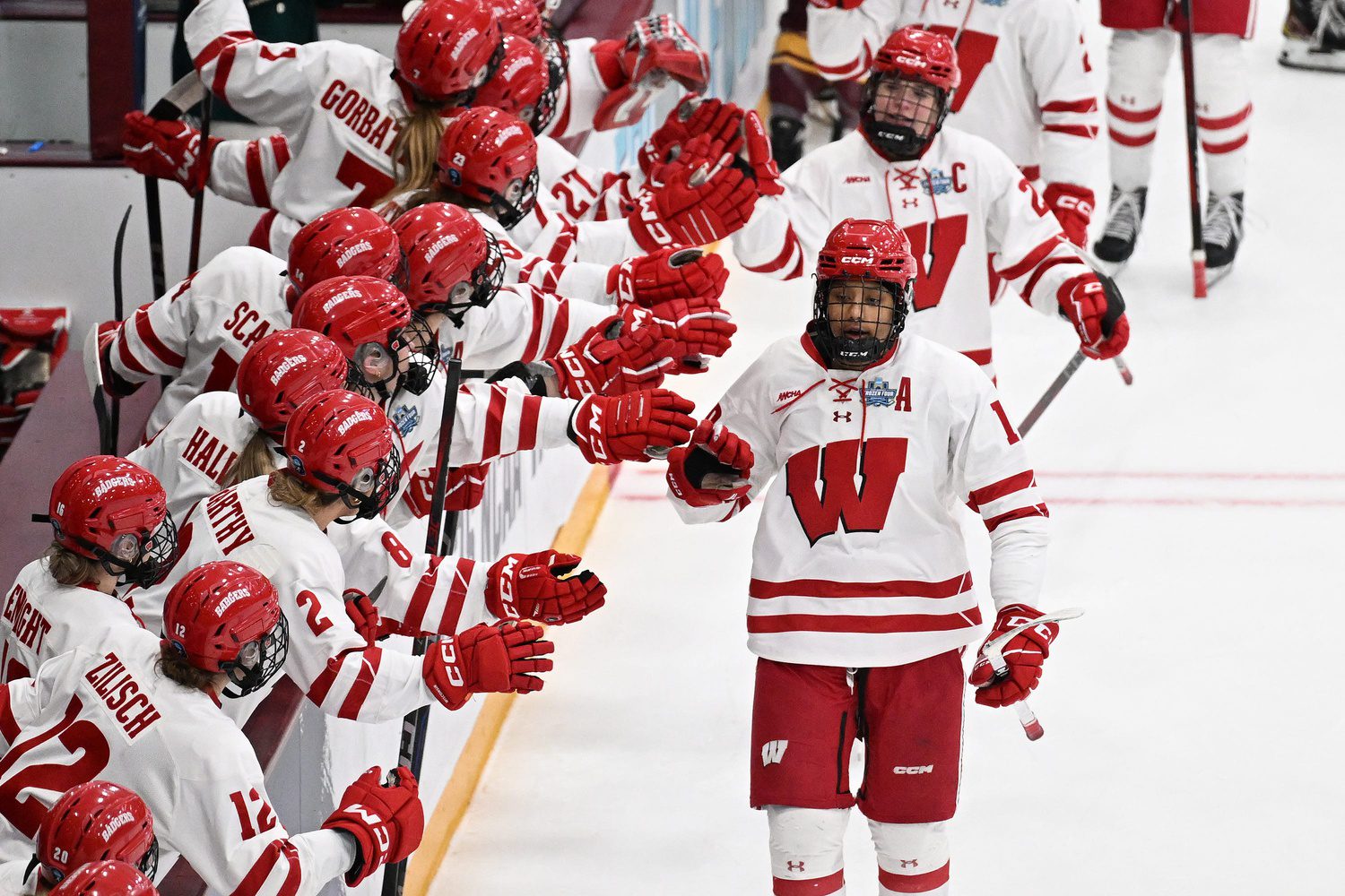 BREAKING: The Wisconsin Badgers Are 2025 National Champions 1 Wisconsin Badgers forward Laila Edwards is congratulated by teammates after scoring a goal against Minnesota in the first period of an NCAA women's Frozen Four semifinal Friday, March 21, 2025, at Ridder Arena in Minneapolis, Minnesota. © Dave Kallmann / Milwaukee Journal Sentinel / USA TODAY NETWORK via Imagn Images