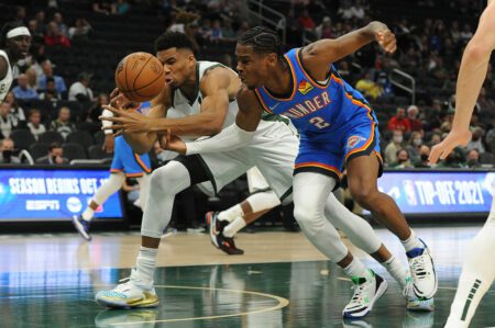 Bucks face tough home test against league best Thunder Oct 10, 2021; Milwaukee, Wisconsin, USA; Milwaukee Bucks forward Giannis Antetokounmpo (34) and /Oklahoma City Thunder guard Shai Gilgeous-Alexander (2) battle for possession of the ball in the first half at Fiserv Forum. Mandatory Credit: Michael McLoone-USA TODAY Sports
