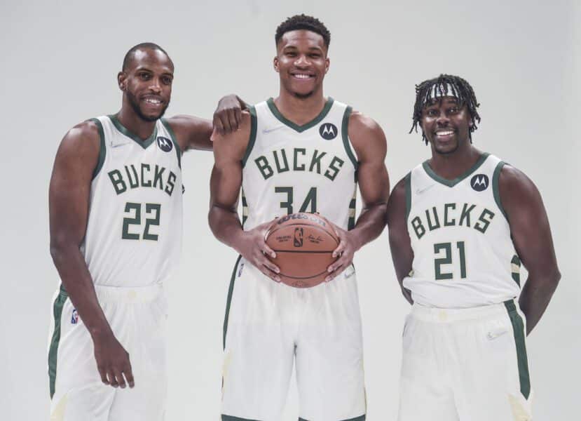 Milwaukee Bucks: Giannis Antetokounmpo Gets Emotional Over 1 Video About Journey With Khris Middleton, Shows Love to Teammates – ‘These Are My Guys for Life’ Sep 27, 2021; Milwaukee, WI, USA; Milwaukee Bucks forward Khris Middleton (22) and forward Giannis Antetokounmpo (34) and guard Jrue Holiday (21) pose for pictures during Media Day at the Fiserv Forum. Mandatory Credit: Benny Sieu-USA TODAY Sports