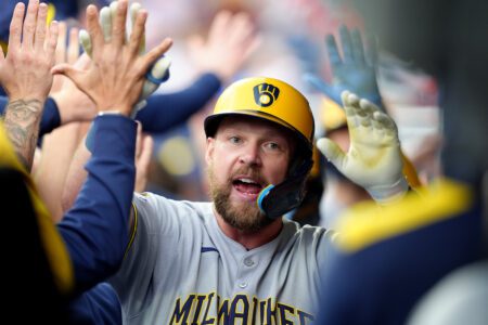 Milwaukee Brewers expected to lose 2-time Opening Day starting player to free agency Milwaukee Brewers infielder Rhys Hoskins (12) celebrates with teammates after hitting a three-run home run against the Philadelphia Phillies in the first inning at Citizens Bank Park.