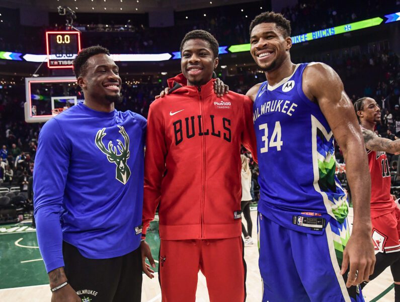 Bucks make NBA history, adding Alex Antetokounmpo to join brothers Giannis and Thanasis 3 Nov 23, 2022; Milwaukee, Wisconsin, USA; Milwaukee Bucks forward Thanasis Antetokounmpo (43), Chicago Bulls forward Kostas Antetokounmpo (37) and Milwaukee Bucks forward Giannis Antetokounmpo (34) pose for a picture after the game at Fiserv Forum. They are brothers. Mandatory Credit: Benny Sieu-USA TODAY Sports