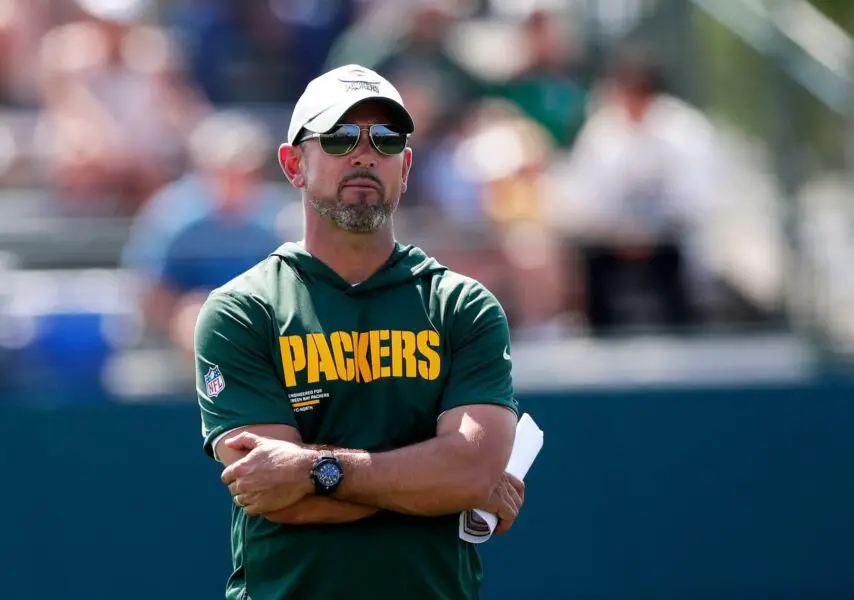 Green Bay Packers Head Coach Matt LaFleur watches practice during the sixth day of training camp