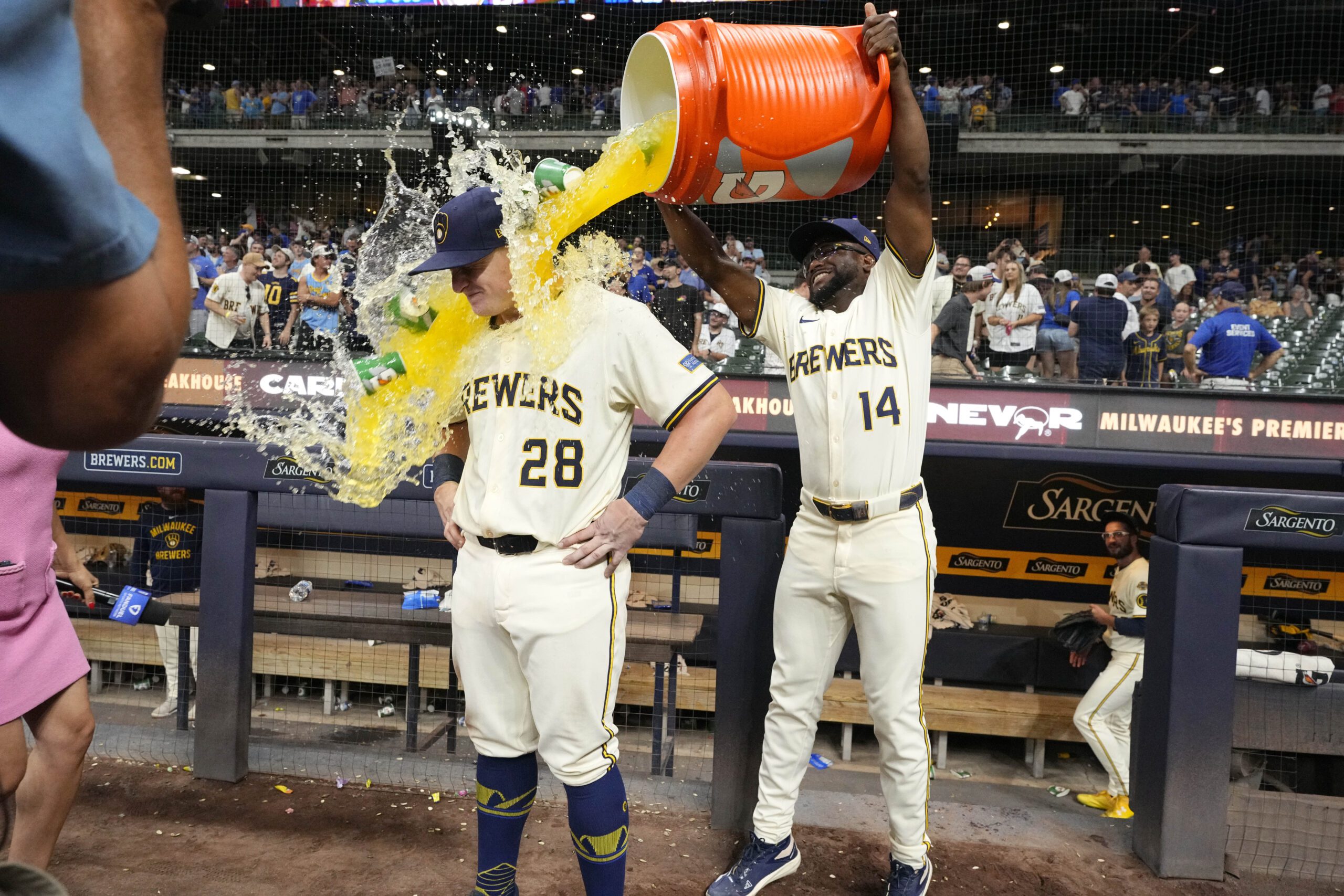 "He's Back" Brewers Retain Star For 2026 Season (Breaking News) 2 Jul 29, 2025; Milwaukee, Wisconsin, USA; Milwaukee Brewers shortstop Andruw Monasterio (14) dumps Gatorade over Milwaukee Brewers first base Andrew Vaughn (28) head after the game in which Milwaukee Andrew Vaughn (28) hit a grand slam against the Chicago Cubs at American Family Field. Mandatory Credit: Michael McLoone-Imagn Images