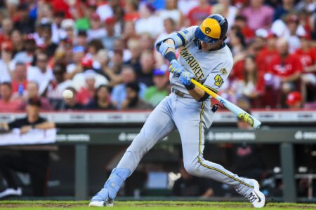 Milwaukee Brewers Christian Yelich does the unthinkable using Bob Uecker bat Milwaukee Brewers Christian Yelich