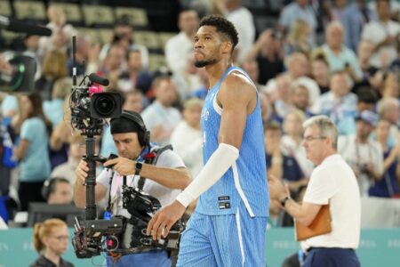 Aug 6, 2024; Paris, France; Greece small forward Giannis Antetokounmpo (34) reacts after their loss against Germany during a menís basketball quarterfinal game during the Paris 2024 Olympic Summer Games at Accor Arena. Mandatory Credit: Kyle Terada-Imagn Images