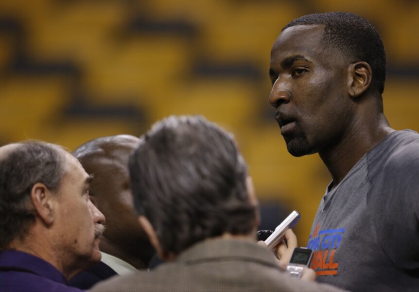 Nov 23, 2012; Boston, MA, USA; Oklahoma City Thunder center Kendrick Perkins (5) talks with reporters before the start of the game against the Boston Celtics at the TD Garden. Mandatory Credit: David Butler II-Imagn Images