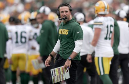 Green Bay Packers head coach Matt LaFleur is shown during the first quarter of their preseason game Saturday, August 23, 2025 at Lambeau Field in Green Bay, Wisconsin. The Green Bay Packers beat the Seattle Seahawks 20-7., Micah Parsons