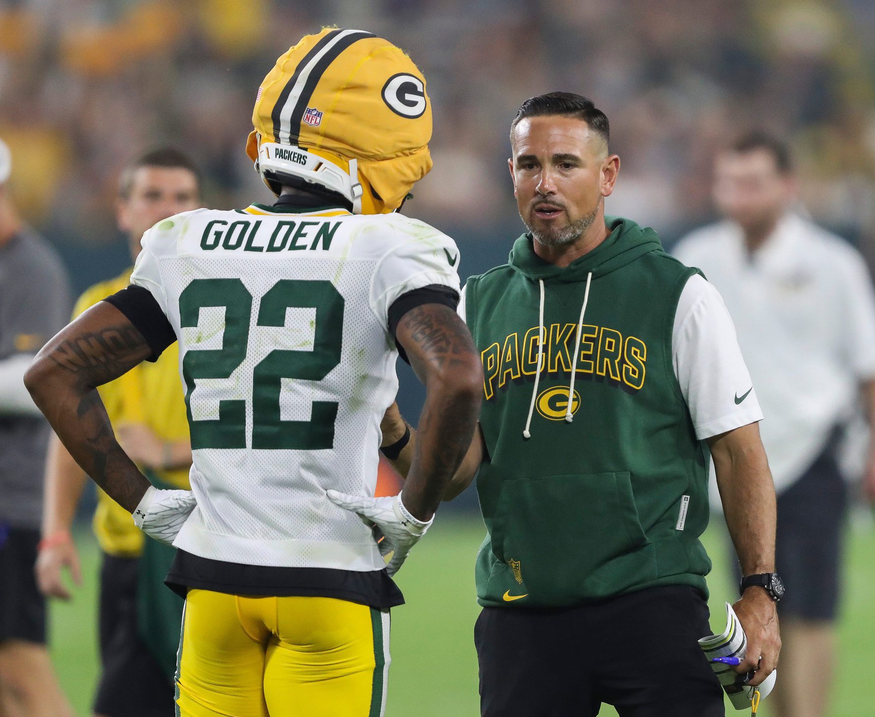 Matthew Golden comes clean about historic Packers move 2 Green Bay Packers head coach Matt LaFleur talks to wide receiver Matthew Golden (22) during Family Night on Saturday, August 2, 2025, at Lambeau Field in Green Bay, Wis. Tork Mason/USA TODAY NETWORK-Wisconsin