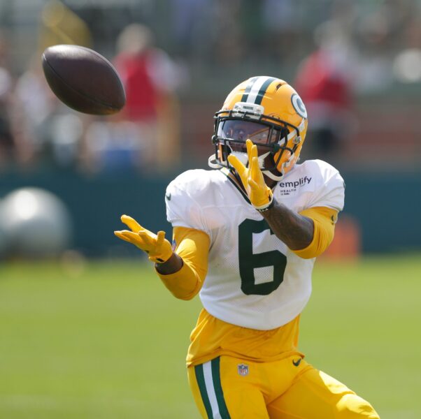Green Bay Packers wide receiver Mecole Hardman (6) participates in drills during fifth day of training camp on July 28, 2025, at Ray Nitschke Field in Ashwaubenon, Wis.