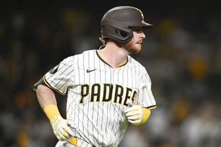 Aug 20, 2025; San Diego, California, USA; San Diego Padres first baseman Ryan O'Hearn (32) rounds the bases after hitting a solo home run during the seventh inning against the San Francisco Giants at Petco Park. Mandatory Credit: Denis Poroy-Imagn Images