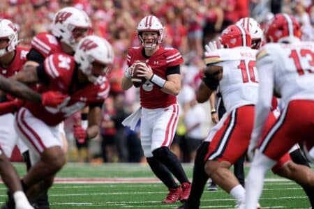 Health of Badgers’ QB Room to be Tested Against Strong #19 Michigan Sep 20, 2025; Madison, Wisconsin, USA; Wisconsin Badgers quarterback Billy Edwards Jr. (9) looks to throw a pass during the first quarter against the Maryland Terrapins at Camp Randall Stadium. Mandatory Credit: Jeff Hanisch-Imagn Images